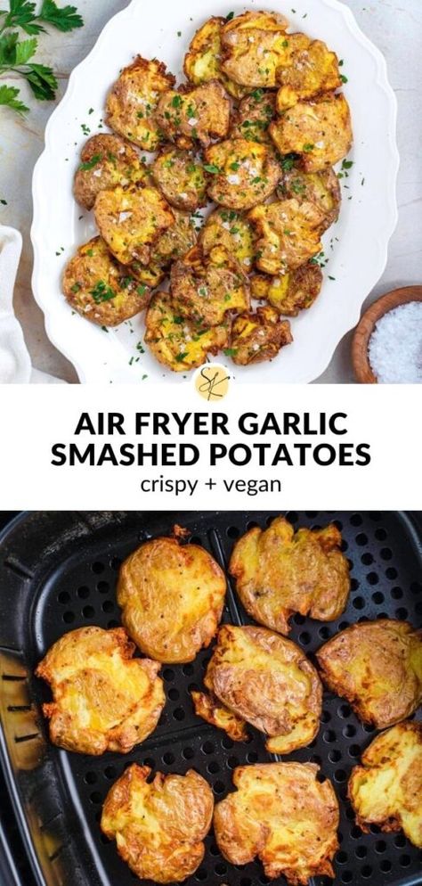 Smashed Potatoes Vegan, Crispy Smashed Potatoes Air Fryer, Smashed Potatoes Air Fryer, Air Fryer Smashed Potatoes, Potatoes Air Fryer, Supper Tonight, Vegetarian Thanksgiving Recipes, Smashed Potatoes Recipe, Potatoes Easy