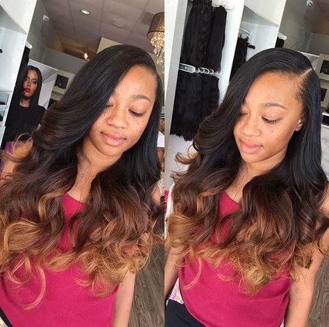 Ombré hair Ombré Hair African American, Ombre Sew In With Leave Out, Ombre Hair Black Women, Ombre Hair Black, Sew In Braids, Ombre Weave, Black Hair Ombre, Wavy Weave, Hair Black Women