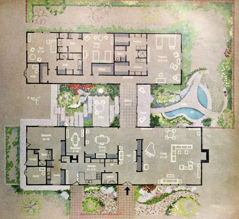 Mcm Floor Plans, Midcentury House Plans, Mid Century Modern Floor Plans, Garden Map, Mid Century House Plans, Mid Century Modern Ranch, Mid Century Modern House Plans, Modern Courtyard, Modern House Floor Plans