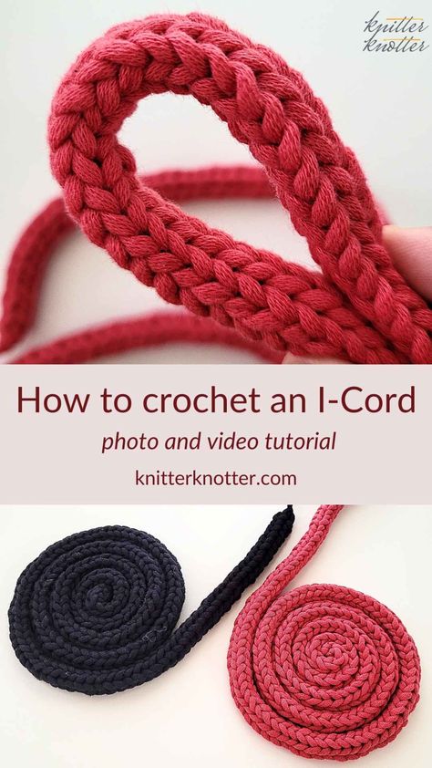 An I-Cord is a crochet or knit tube that is made up of a few stitches worked in a continuous round. Crocheting an I-Cord is very easy and can be used for a variety of purposes. It is also possible to vary the number of stitches to adjust the thickness of the cord. This tutorial contains a photo tutorial for crocheting a 3 stitch I-Cord. It also includes a video tutorial for crocheting a 3 stitch and a 4 stitch I-Cord. Crochet I Cord, Crochet Belt, Crochet Eyes, Crochet Cord, Crochet Chain, Crochet Tips, Knitting Patterns Free Cardigans, I Cord, Crochet Rope