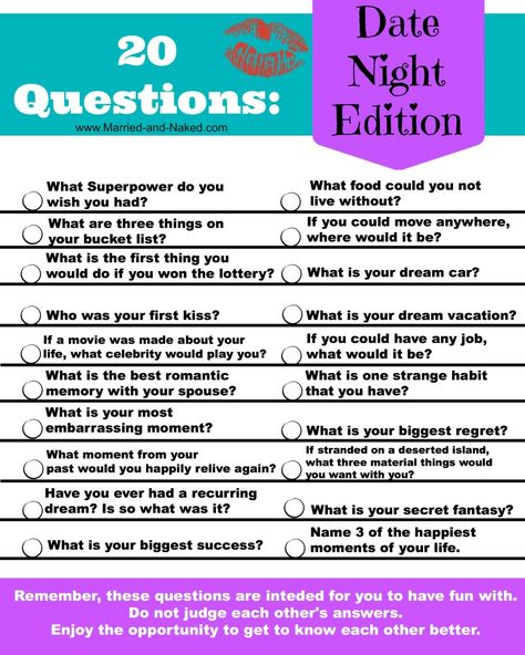 Bring back the fun in your date nights and get to know each other all over again with this free printable of "20 Questions; Date Night Edition." Your next date night will be a huge success with these fun conversation starters. Questions For Married Couples, Date Night Questions, Colors Show, Fun Conversation Starters, 20 Questions, Dating Questions, Dating After Divorce, Marriage Tips, A Question