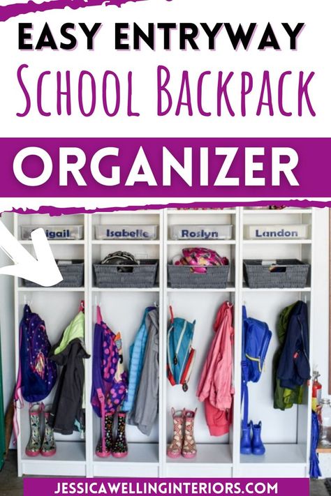 This backpack organizer is a simple IKEA hack for your mudroom, entryway, or garage! Entryway cubbies will eliminate so much chaos! Bookbag Organization, Ikea Cubby Hack, Entryway Cubbies, School Backpack Organization, Rental Organization, Backpack Organizer, Garage Entryway, Kids Cubbies, Mudroom Organization