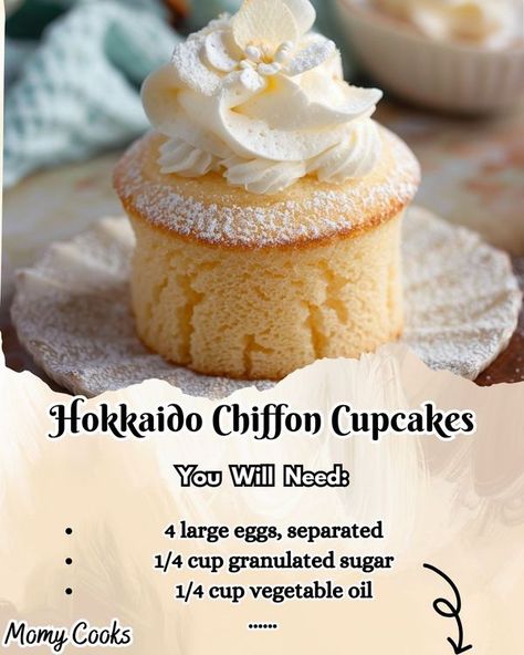 Momy Cooks | Hokkaido Chiffon Cupcakes 🧁 | Facebook Hokkaido Chiffon Cake, Hokkaido Chiffon Cupcakes, Chiffon Cupcakes Recipe, Hokkaido Cupcake, Chiffon Cupcakes, Cupcakes Recipes, Chiffon Cake, Looks Yummy, Cupcake Recipes