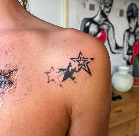 Multiple Stars Tattoo, Two Tone Tattoo, Star Tattoos For Men On Arm, Y2k Men Tattoos, Y2k Forearm Tattoos, Star Chain Tattoo, Stars Leg Tattoo, Chrome Star Tattoo, 2 Stars Tattoo