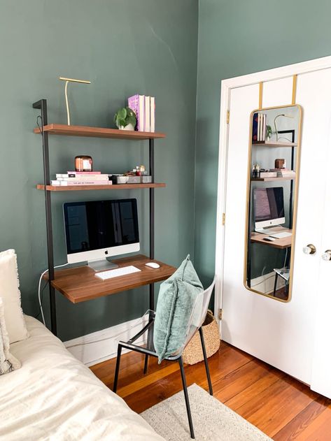 Corner Desk Small Bedroom, Mini Corner Desk, Workspace In Bedroom, Small Corner Writing Desk, Small Corner Desk And Shelves, Industrial Desk Corner, Small Space Design Ideas, Being Intentional, Boston Apartment