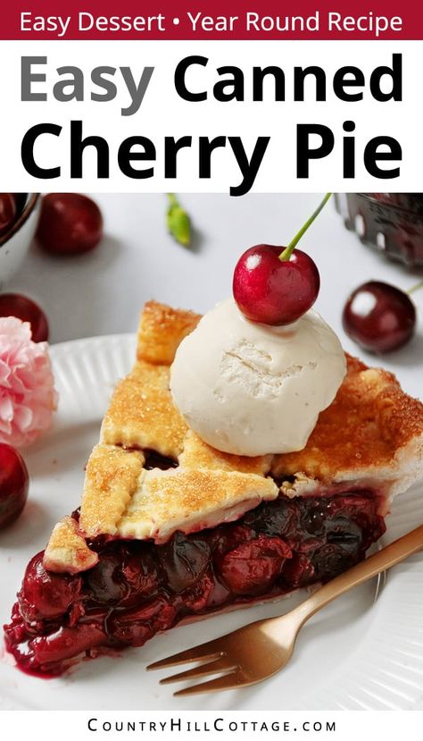 Spring, summer, fall – It's always time for canned cherry pie! The easy homemade cherry pie recipe is made with canned cherries and a beautiful lattice crust. Topped with ice cream or whipped cream, this rich, fruity pie is a hit! No need to wait for cherry season when you can bake the best canned cherry pie recipe! There is nothing like homemade cherry pie with a buttery, flaky pie crust and a gooey filling. It's not too sweet, and the cherries are tender and juicy. | CountryHillCottage.com Canned Cherry Pie Recipe, Vegan Cherry Pie Recipe, Cherry Pie Filling Recipes Easy, Canned Cherry Pie, Homemade Cherry Pie, Buttery Flaky Pie Crust, Cherry Pie Filling Recipes, Ready Made Pie Crust, Lattice Crust