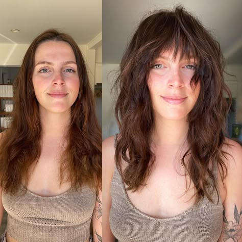 Wavy Hair Wolf Cut Before and After Genderfluid Haircut, Corte Shaggy, Easy Trendy Hairstyles, Wolf Cut Hair, Before And After Haircut, Long Shag Haircut, Side Swept Hairstyles, Hair Adviser, Wolf Cut