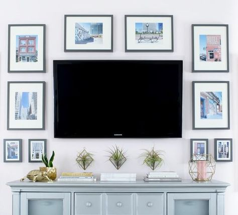 New tips and trends on how to decorate around a TV, visit https://ablissfulnest.com/ #interiors #designtips How To Decorate Around A 65 Inch Tv, Gallery Around Tv, Groovy House, Modern Glam Bedroom, How To Decorate Around A Tv, Tv Gallery Wall, Decor Around Tv, Bedroom Tv Wall, Tv Ideas