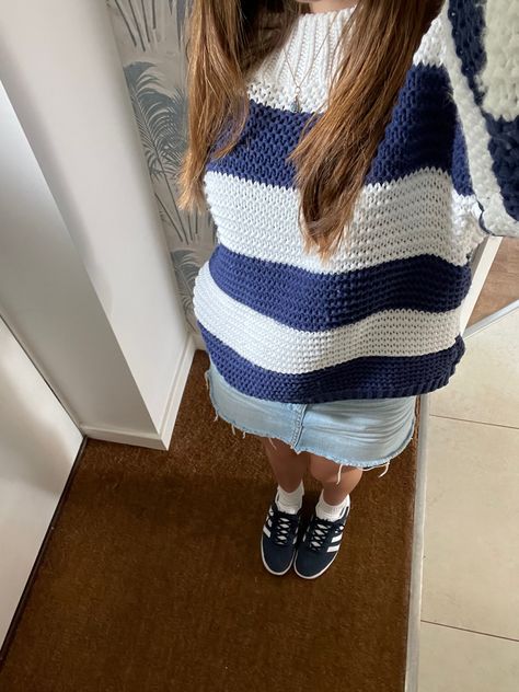 denim skirt, blue and white striped jumper, knit jumper, coastal granddaughter, adidas gazelles, navy adidas gazelles outfit, summer outfit, outfit aesthetic, clean girl aesthetic, coastal aesthetic Navy Adidas Outfit, Navy Blue Gazelle Adidas Outfit, Blue Gazelles Outfits, Striped Jumper Outfit, Navy Gazelle Adidas Outfit, Adidas Gazelle Outfits, Navy Spezials Summer Outfit, Blue And Yellow Gazelle Outfit, Blue Gazelle Adidas Outfit