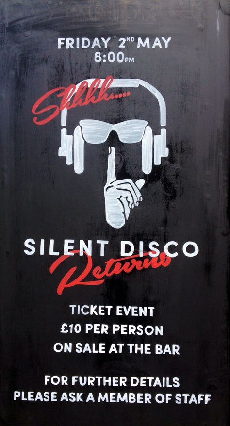 Disco Chalkboard, Silent Disco Poster, Silent Disco Party Ideas, Disco Logo, Disco Event, Disco Ideas, Insta Dump, Silent Disco, Event Branding