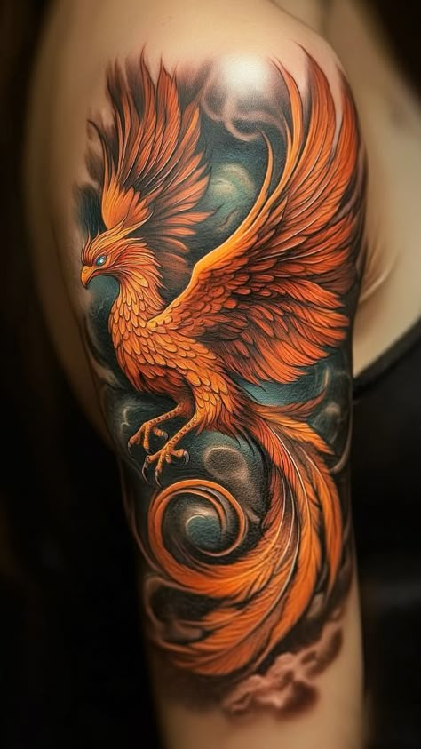 Realistic Phoenix1 Vibrant phoenix tattoo on upper arm featuring detailed orange and red feathers against a dark, swirling background. | Sky Rye Design Witchy Phoenix Tattoo, Phoenix Rising Tattoo, Tattoo On Upper Arm, Feminine Phoenix Tattoo, A Phoenix Tattoo, Tato Phoenix, 40 Tattoo, Rising Phoenix Tattoo, Phoenix Tattoo Feminine