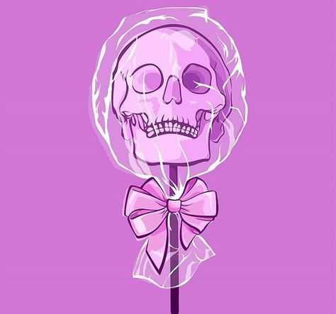 Skull Lollipop 💀 Pink Scythe Drawing, Cute Goth Illustration, Skull Lollipop, Lollipop Drawing, Pac E Mike, Pastel Skull, Candy Drawing, Pastel Goth Art, Armband Tattoos