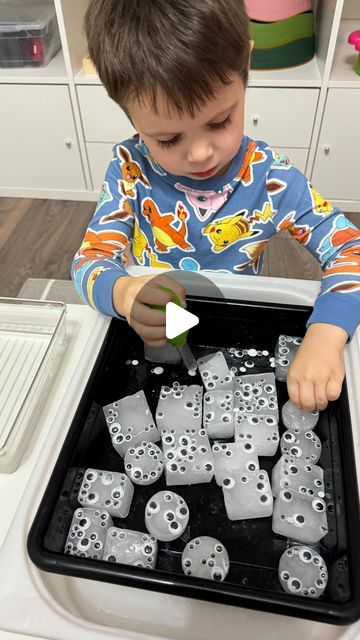 Desiree Blanchard, M.H.K | Baby & Toddler Play on Instagram: "😈👀😈MONSTER ICE activity! It’s such a fun one and so easy to set up! 🫶🏻

➡️Follow @lovebloomlearn for more easy play ideas! 🧚‍♀️

To recreate this activity, add water to an ice cube tray with food colouring (or paint) and add some googly eyes. We used different sizes to look like monsters. Let it freeze overnight, and get ready to play! Use warm water with droppers or spray bottles, and have your little one rescue the eyes. 

👶🏼👶🏽👶🏾Activity is recommended for toddlers +. An adult should supervise all activities. 

✨🌈For more easy play ideas, check out my “Baby and Toddler Caregiver Play & Milestone guides.” It’s loaded with tips, milestones & play ideas! 🔗Link in bio. 

•
•
•

#messyplay #messyplaytime #messyplayide Halloween Water Table Ideas, Disney Messy Play, Water Table Ideas For Preschoolers, Messy Play Activities, Food Activities, Sensory Table, Tray Ideas, Water Table, Food Colouring