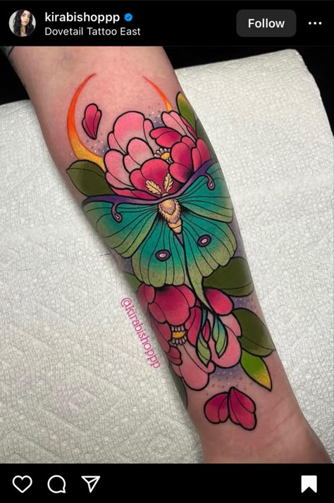 Lunar Moth Tattoo, Luna Moth Tattoo, Moth Tattoo Design, Left Arm Tattoos, Bright Tattoos, Moth Tattoo, Tatuaje A Color, Luna Moth, Up Tattoos