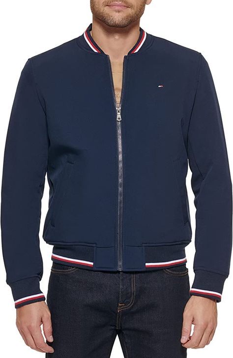 Tommy Hilfiger Men's Lightweight Varsity Rib Knit Bomber Jacket Newyear Gift, Transitional Jacket, Tracksuit Men, Rubber Patch, Zippers Fashion, Varsity Jackets, Tommy Hilfiger Man, Market Place, Sport Pants