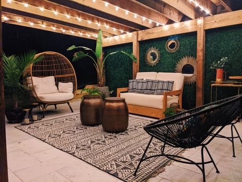 Patio Gazebo Decor, Rental Patio Makeover, Old Patio Makeover, Boho Covered Patio, Airbnb Patio Ideas, Covered Patio Makeover, Indoor Patio Ideas, Back Patio Makeover, Woodland Backyard