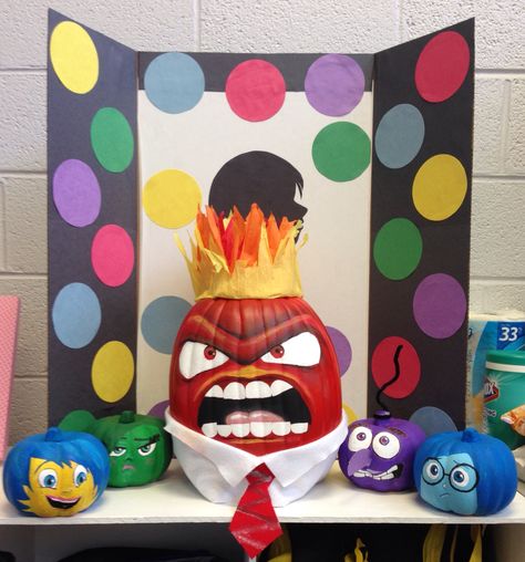 Inside Out - Anger - pumpkin decorating contest at school Inside Out Pumpkin Ideas, Joy Pumpkin Inside Out, Anger Inside Out Pumpkin, Literature Pumpkin Decorating, Inside Out Painted Pumpkins, Inside Out 2 Pumpkin, Paint Halloween Pumpkins, Mental Health Pumpkin Decorating, Anger Pumpkin