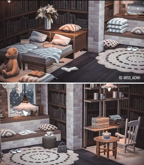 Acnh Hhp Layout, Acnh House Interior Basement, Animal Crossing Home Interior Ideas Main Room, Animal Crossing 6x6 Room, Reading Room Acnh, Acnh Main Room Designs, Acnh House Interior Library, Acnh Ione House Interior, Acnh Living Rooms Ideas