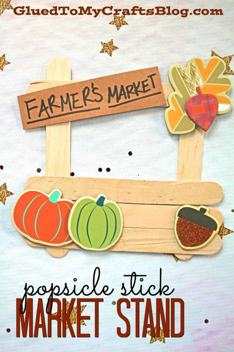 Popsicle Stick Farmer's Market Stand - Fall Kid Craft Idea #gluedtomycrafts Pumpkin Patch Stand, Popsicle Stick Pumpkin, Farmer Craft, Vegetable Crafts, Popsicle Crafts, Stick Crafts, Kid Craft, Fall Craft, Popsicle Stick Crafts