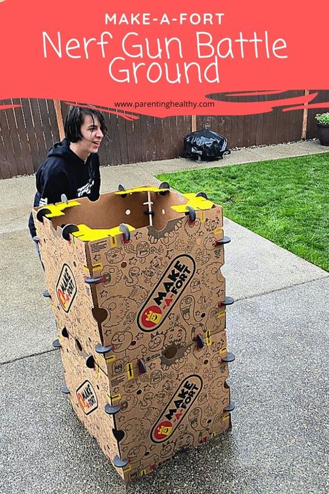 Create a Nerf Gun Battle Ground with Make-A-Fort Kits Indoor Nerf Battlefield, Diy Nerf Battlefield, Nerf Targets Diy, Nerf Battlefield Diy, Fort Plans, Box Fort, Fort Kit, Nerf Birthday Party, Nerf Party