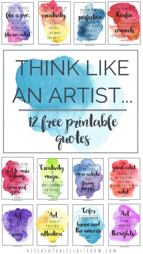 Think like an artist with this set of twelve free printable famous artist quotes. | Never lose your inspiration! Mange pain and make way for your true passions in life! | www.thechronicpaindepot.com | Famous Artist Quotes, Famous Artists Paintings, Free Printable Quotes, Art Quotes Inspirational, Artist Quotes, Craft Quotes, Creativity Quotes, Printable Quotes, Art Classroom