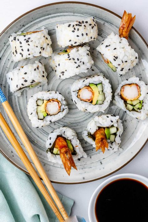 Shrimp Tempura Roll (Easy Steps) - Cooking With Ayeh Crystal Shrimp Sushi Roll, Tempura Roll Recipe, Sushi Night At Home, Shrimp Sushi Rolls, Ebi Tempura, Avocado And Cucumber, Shrimp Tempura Roll, Make Your Own Sushi, Tempura Roll