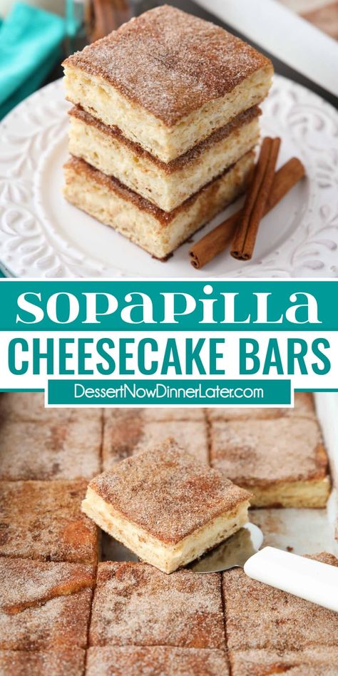 Sopapilla Cheesecake Bars are an easy layered dessert with cinnamon-sugar, flaky crescent dough, and a creamy cheesecake filling. You'll love this twist of a traditional Mexican pastry and it tastes like a filled churro. Sopapilla Cheesecake Recipe, Easy Mexican Desserts, Mexican Pastry, Snickerdoodle Cheesecake, Sopapilla Cheesecake Bars, Horchata Recipe, Wedding Bars, Cinnamon Cheesecake, Cinnamon Desserts