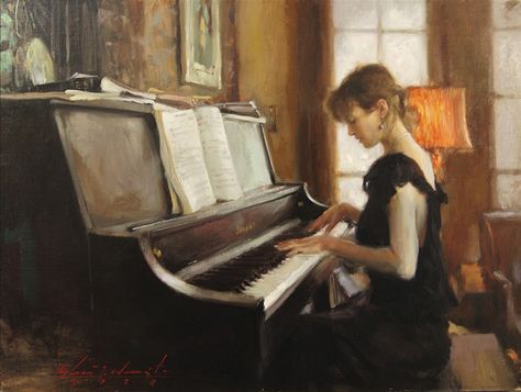 Oil painting by Glenn Harrington Oil Painting Basics, Oil Painting App, Piano Girl, Emily Elizabeth, Oil Painting Woman, Piano Art, Playing The Piano, Web Gallery, Oil Painting Techniques