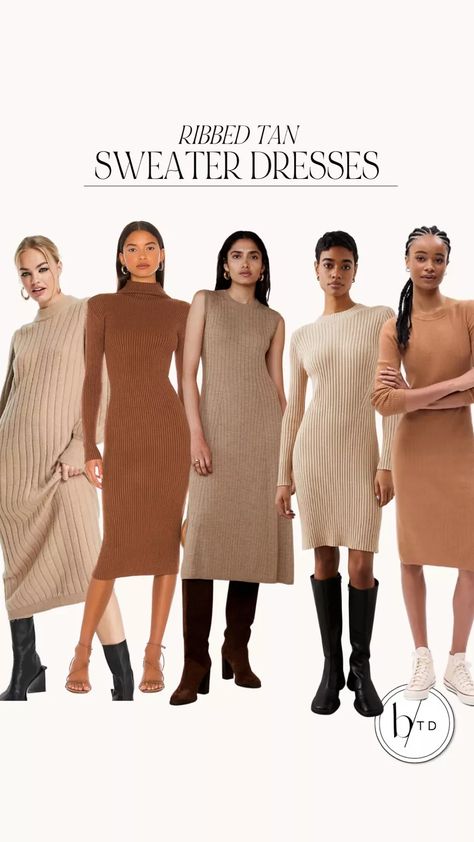 Tan Dress Outfit Fall, Rust Sweater Dress Outfit, Tan Sweater Dress Outfit, Beige Sweater Dress Outfit, Tan Dress Outfit, Khaki Dress Outfit, Sweater Dresses For Fall, Beige Sweater Dress, Rust Sweater