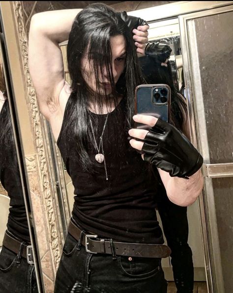 Florida Alt Fashion, Hot Metalhead Guys With Long Hair, Metal Head Men Long Hair, Men With Mascara, Goth Metalhead Guy, Muscular Goth Men, Long Hair Goth Guy, Buff Metalhead Guy, Long Emo Hair Men