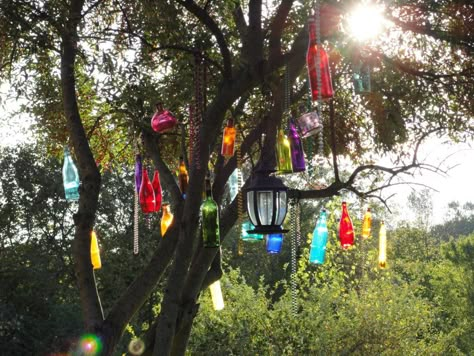 Bottle trees  are a colorful southern folk tradition with the purpose of warding off evil spirits, while at the same time recycling colorful bottles. This one is from my mom's yard. Glass Bottles Hanging From Trees, Colored Bottles In The Garden, Glass Bottle Outdoor Decor, Bottles In Trees Hanging, Bottles Hanging From Trees, Bottle Trees Ideas Yard Art, Witchy Yard, Gazebos Ideas, Colorful Glass Bottles