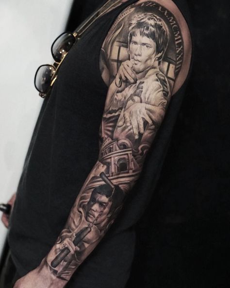 Bruce Lee Tattoo, Martial Arts Tattoos, Lowrider Tattoo, Bruce Lee Pictures, Barber Shop Interior, Bruce Lee Art, Panda Tattoo, Bruce Lee Photos, Tattoo Skin