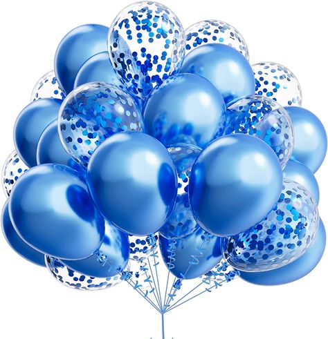 What You Will Get - Each sets contains 60pcs balloons, 40pcs metallic blue balloons, 20pcs metallic blue confetti balloons, and 2pcs blue ribbon (33 feet total). These latex balloons can inflate hydrogen, helium ( it will float more than 12 hours), and air. Premium Quality - High-quality and eco-friendly latex metallic blue balloons with confetti balloons made of 100% eco-friendly llatex, non-toxic and odorless, 100% be safe for kids. The latex ballons are also made of High-quality latex Prom Decorations, Paper Balloon, Blue Confetti, Clear Balloons, Prom Decor, Rose Gold Confetti, Balloon Kit, 22nd Birthday, Glitter Party