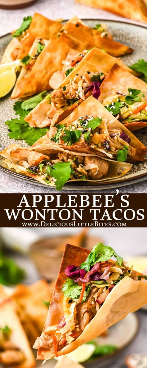 How To Make Wonton Taco Shells, Fish Wonton Tacos, Applebees Copycat Recipes Appetizers Chicken Wonton Tacos, Chicken Wonton Tacos Recipe, Apple Bees Wonton Tacos, Wonton Wrapper Uses, Copycat Applebees Wonton Tacos, Asian Tacos Chicken, Mexico Appetizers