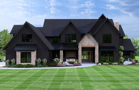 4 Beds, 4 Baths, 2 Stories, 2 Car Garage, 5492 Sq Ft, Craftsman House Plan. Large Back Porch Ideas, Black Modern Farmhouse, Exterior Of House, American House Plans, Exterior House Ideas, Dream Life House, Farmhouse Style House Plans, House Plans And More, American House