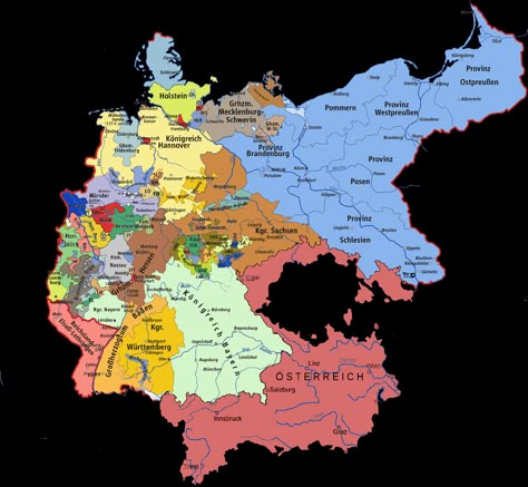 The German Empire in the 1880s, after the dissolution of Austria-Hungary. In this alternate History, Prussia lost the war against Austria in 1866, losing all its western territories as well as the Province Saxony. France conquered Luxembourg successfully, leading to a war against France leaded by Prussia and Austria (both competing for hegemony). The war was won and the German Empire established, though Austria did not join until national separatistic movements took over power in Cisleithania. Austria Hungary X German Empire, German Empire X Austria Hungary, India World Map, Book Infographic, History Of Germany, Austria Hungary, German Empire, Imaginary Maps, German Heritage