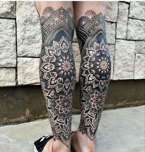 Shin Geometric Tattoo, Cover Up Leg Tattoos Men, Mandala Tattoo Men Leg, 108 Tattoo, Calf Tattoo Ideas, Mandala Tattoo Men, Knee Tattoos, Shin Tattoo, Kunst Tattoos