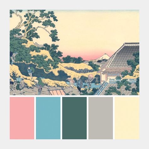 Paintings & Colour Palettes on Instagram: ““Sundai, Edo” by Katsushika Hokusai (1832) - Metropolitan Museum of Art, New York City 🇺🇸 * * * #edo #tokyo #mountfuji #mtfuji #sunset…” Tokyo Color Palette, Tokyo Colour Palette, Japanese Aesthetic Color Palette, Japan Colour Palette, Japanese Cherry Blossom Color Palette, Ukiyo E Color Palette, Web Design Color, Sumida Hokusai Museum, Katsushika Hokusai