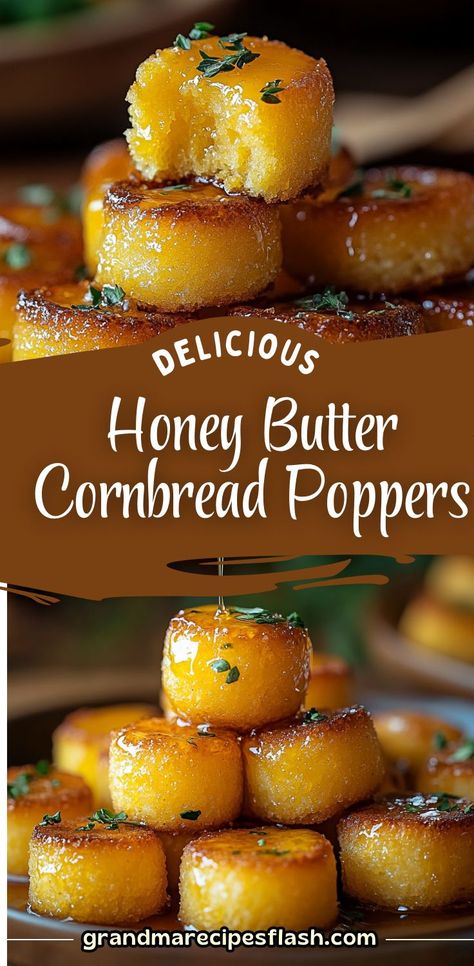 These Southern-Style Honey Butter Cornbread Poppers are irresistibly fluffy, perfectly sweet, and loaded with fresh corn and cheddar cheese. Drizzled with creamy honey butter, these mini cornbread bites make the perfect snack, appetizer, or side dish for any meal. #CornbreadPoppers #HoneyButter #SouthernCooking #MiniCornbreadBites #CornbreadLovers #AppetizerRecipe #BakingFun Southern Style Honey Butter Corn Poppers, Southern Style Honey Butter Poppers, Southern Style Honey Butter Cornbread, Fun And Easy Baking Recipes, Southern Cornbread Poppers, Southern Honey Butter Cornbread Poppers, Dinner With Cornbread Side, Southern Bite Recipes, Bread Baking Ideas