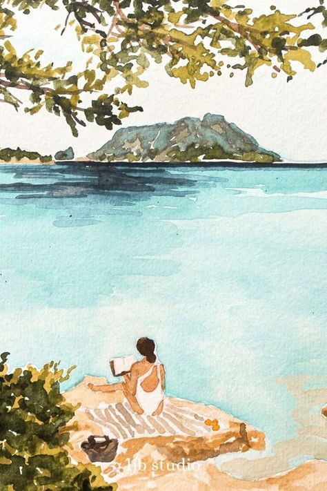 Woman At Beach, Woman On Beach, Paint Inspo, Learn Watercolor, Summer Painting, Sardinia Italy, Watercolour Inspiration, Beach Watercolor, Painting Collage