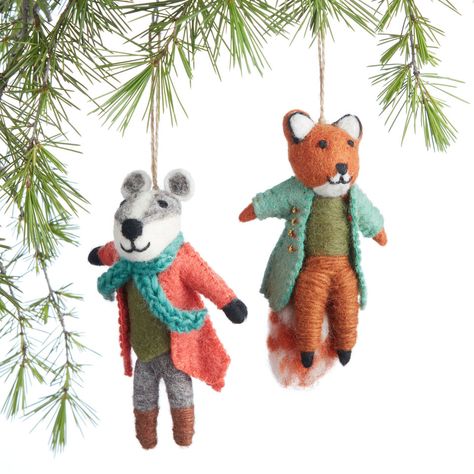 Wool Woodland Creature With Coat Ornaments Set Of 2 - World Market Woodland Christmas Tree, Woodland Ornaments, Christmas Atmosphere, 3 Characters, Woodland Christmas, Christmas Ornament Sets, Animal Ornament, Magical Christmas, Woodland Creatures