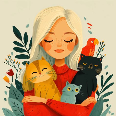 💡✨Charming Illustrations with Midjourney Prompts: Click the Link in my Profile🤩🔗 Simple Women Drawing, Woman And Cat Illustration, Digital Illustration Inspiration, Self Portrait Illustration, Pascal Campion, Cat Hacks, Two Cats, Girl Illustration, Gems Art