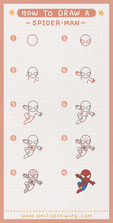 Setp by Step tutorial on how to draw spider-man. FREE download the Printable drawing guide and coloring page,Click to Get! #drawing #howtodrawspider-man #spider-man #learntodraw #howtodraw Cute Spiderman Drawing Easy, How To Draw Super Heroes Step By Step, How To Draw A Spiderman, Spiderman Drawing Easy Step By Step, Step By Step Character Drawing, How To Draw Spider Man Step By Step, Spiderman Easy Drawing, How To Draw Cartoon Characters, How To Draw Characters Step By Step