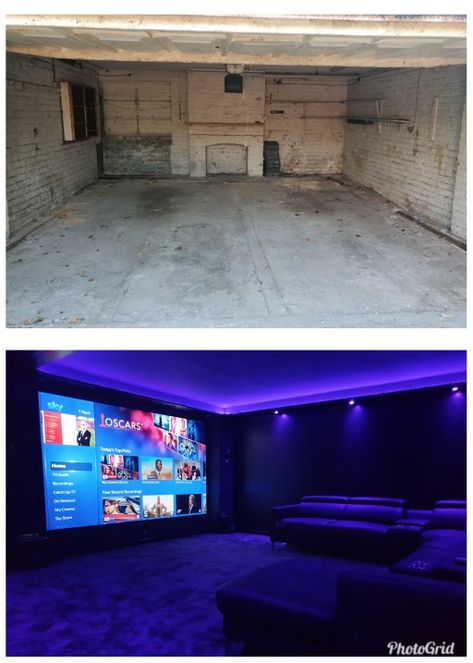 Before and after converting an internal garage to a home cinema room. 5.2.2 Dolby atmos Garage Cinema Room, Garage Movie Room, Attic Cinema Room, Garage Conversion Ideas Bedrooms, Garage Chill Space, Garage Hangout, Room Above Garage, Vibey Room, Theater Rooms