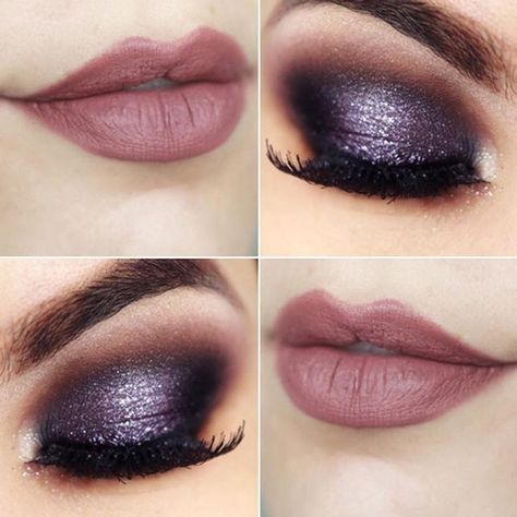 Shadow Eyes, Plum Dresses, Purple Shadow, Neutral Lip, Makeup Glitter, Fun Makeup, Purple Lips, Glitter Eye, Purple Makeup