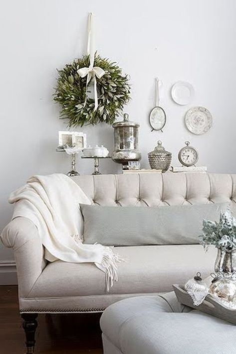 Our Favorite Pins + Instagrams - Inspired By This Grey Pillow, Swedish Decor, European Farmhouse, Silver Decor, Tufted Sofa, White Living, Linen Sofa, Blue Living Room, White Furniture