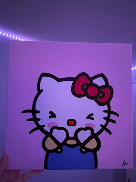 Mini Canvas Hello Kitty, Cool Hello Kitty Painting, Easy Sanrio Paintings, Sanrio Characters Painting, Hello Kitty Aesthetic Painting, Kuromi Painting Ideas, Canvas Painting Hello Kitty, Y2k Painting Ideas Hello Kitty, Things To Paint Hello Kitty