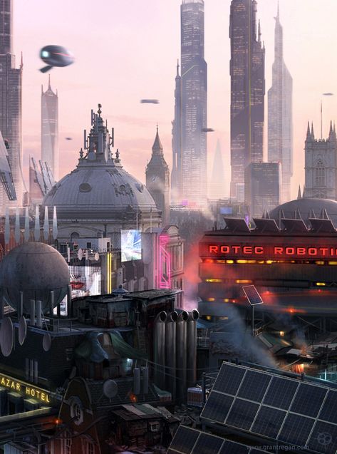 ArtStation - London 2046 Art by Grant Regan. Scifi City, Cyberpunk Rpg, Club Video, Sci Fi City, Cyberpunk City, Arte Cyberpunk, Fantasy City, Futuristic Art, Futuristic City