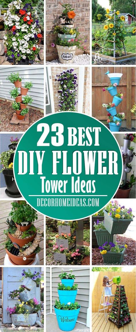 Best DIY Flower Tower Ideas. Spruce up your garden with these flower towers that are easy to do. #diy #garden #flowertower #decorhomeideas Diy Flower Tower, Flower Tower Ideas, Flower Pot Tower, Stacked Flower Pots, Fairy Garden Flowers, Recycled Garden Art, Cozy Garden, Tiered Planter, Flower Tower