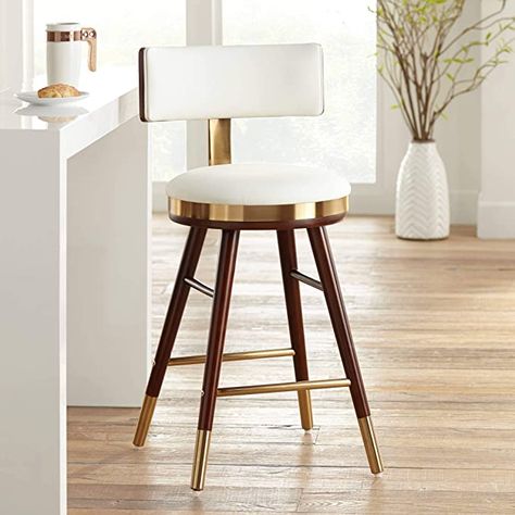 Amazon.com: Studio 55D Parker Walnut Wood Metal Bar Stool Brown Gold 25 1/2" High Modern White Genuine Leather Upholstered Seat Cushion with Backrest Footrest for Kitchen Counter Height Island Home : Home & Kitchen White Leather Bar Stools, Kitchen Counter Height, Contemporary Counter Stools, Metal Bar Stool, Modern Counter Stools, Leather Counter Stools, Bar Stools With Backs, Swivel Counter Stools, Stools With Backs